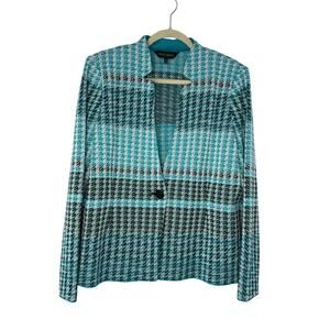 Ming Wang Aqua Blue Houndstooth Knit Blazer Jacket Women’s L Stretch Workwear